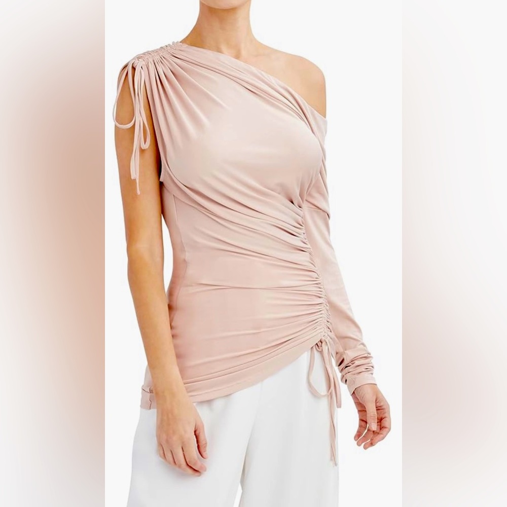 BCBG one sleeve fitted body con Asymmetrical Neck Drawstring Ruched top